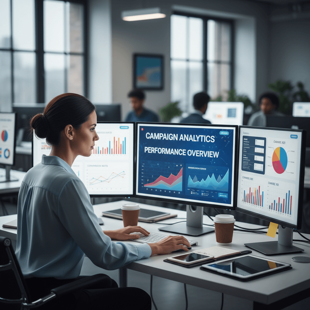 Marketing professional analyzing campaign data on multiple monitor screens
