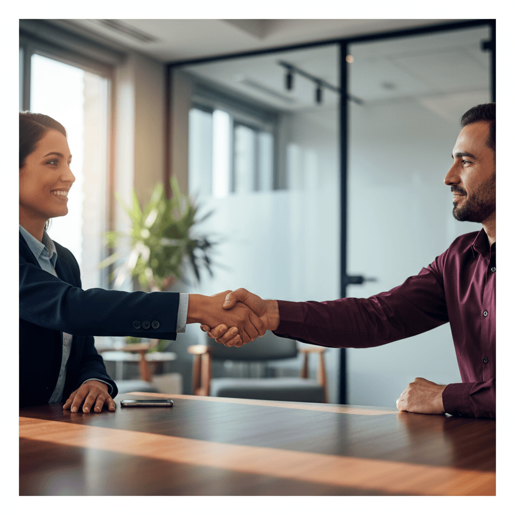 Business partners shaking hands in a modern office