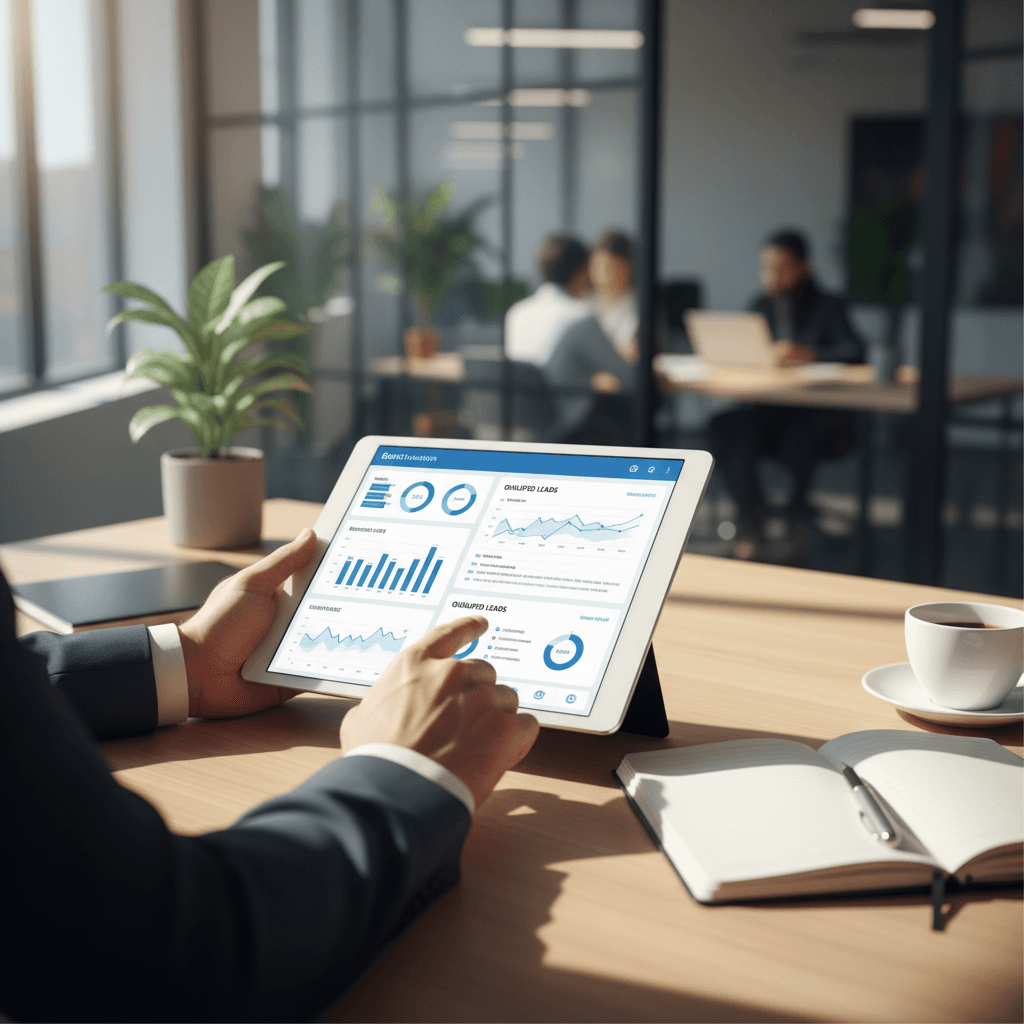 Sales professional reviewing lead data on tablet in modern office