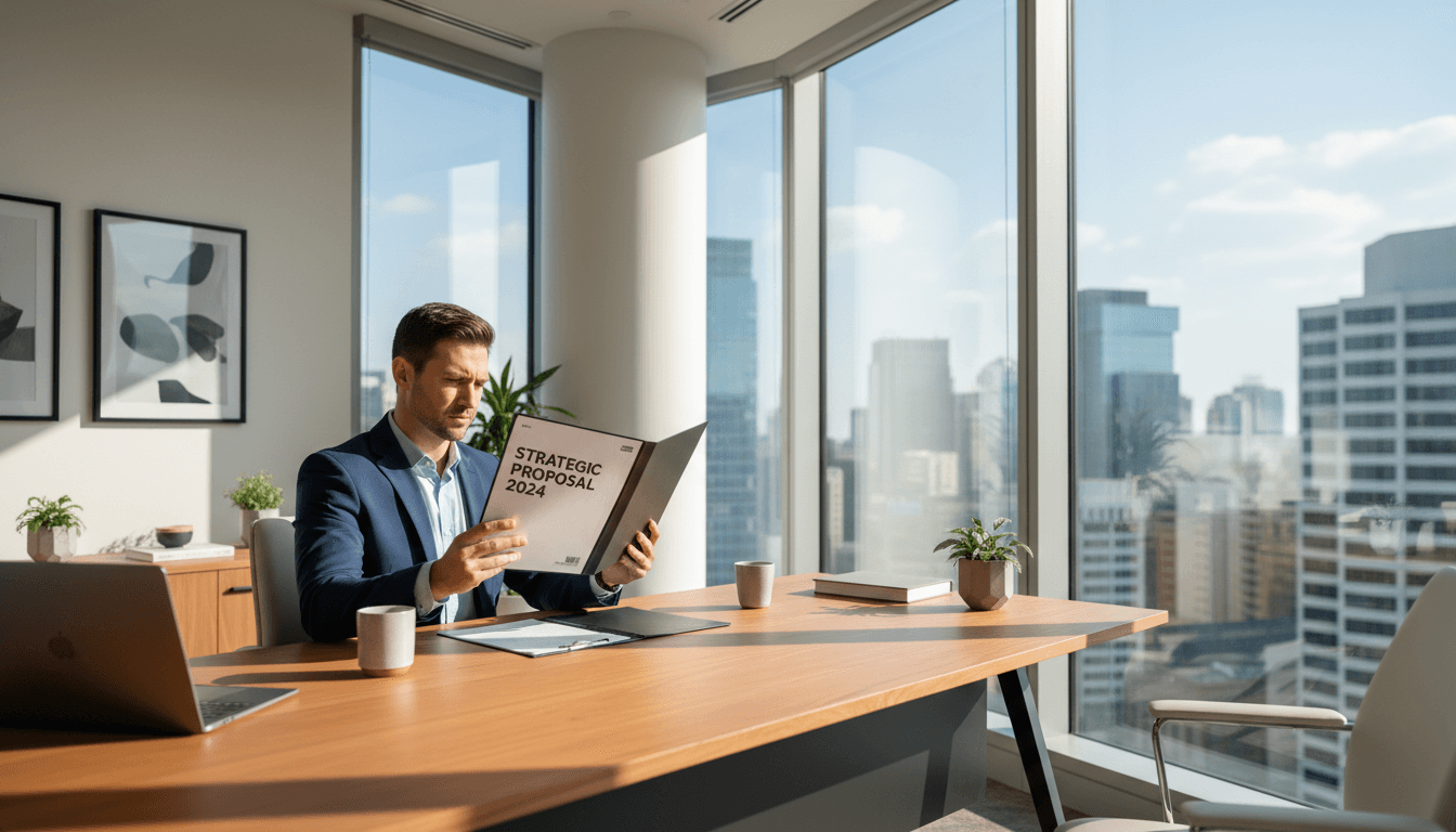 Business professionals reviewing documents in a bright modern office