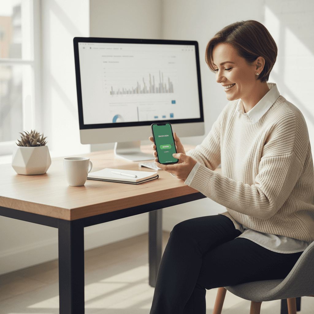 professional business person on phone call at modern desk with warm lighting